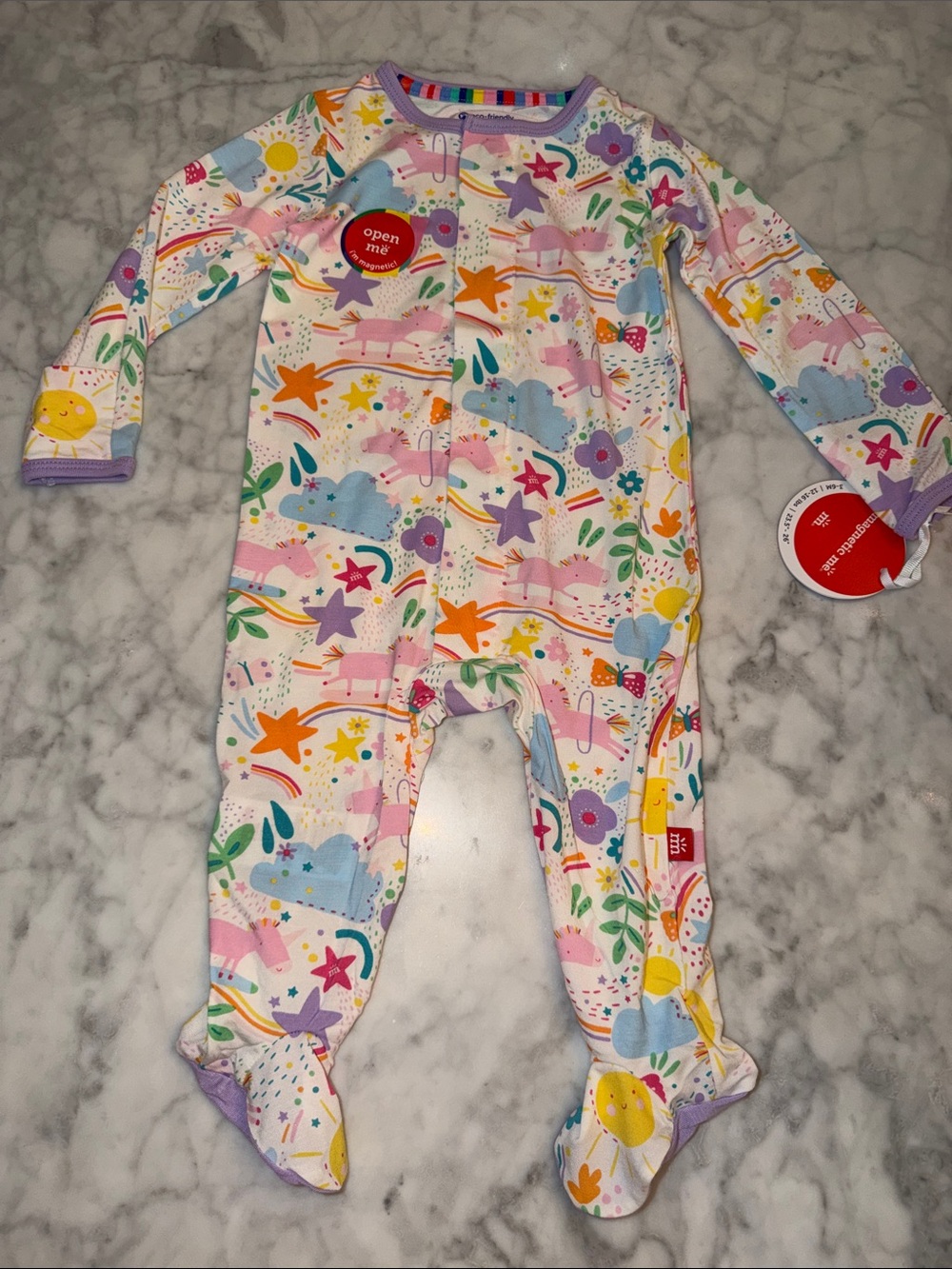 NWT MAGNETIC ME MODAL Rainbow Unicorn & Stars Footie 3/6M